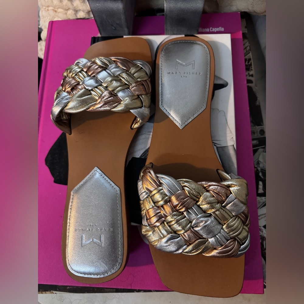 Never used. Marc Fisher Women's Silver and Gold Braided Sandals